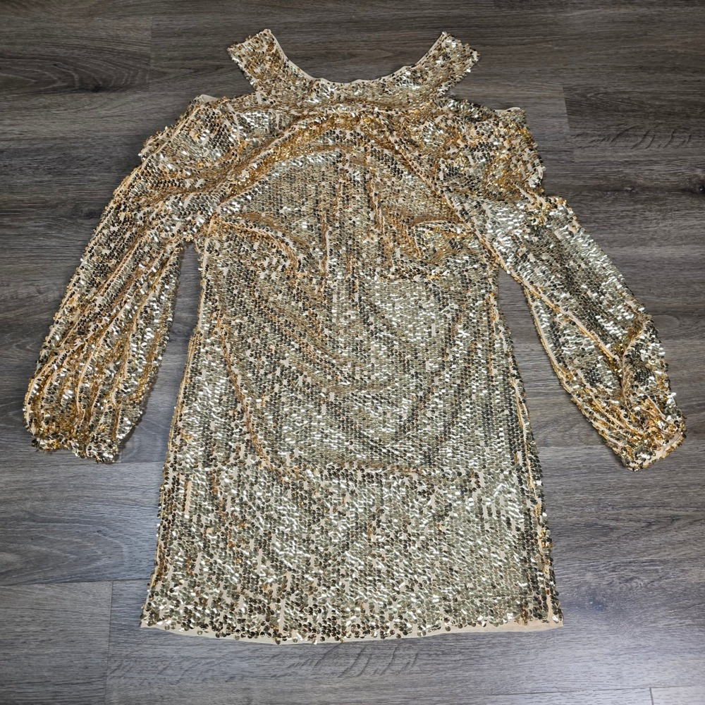 Flawless Womens Large Mini Dress Gold Sequin Cold Shoulder Balloon Sleeve HD3049